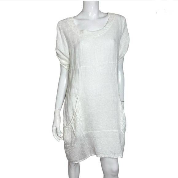 Vansa 100% Linen Short‎ Sleeve White Boho Midi Dress - Picture 2 of 8